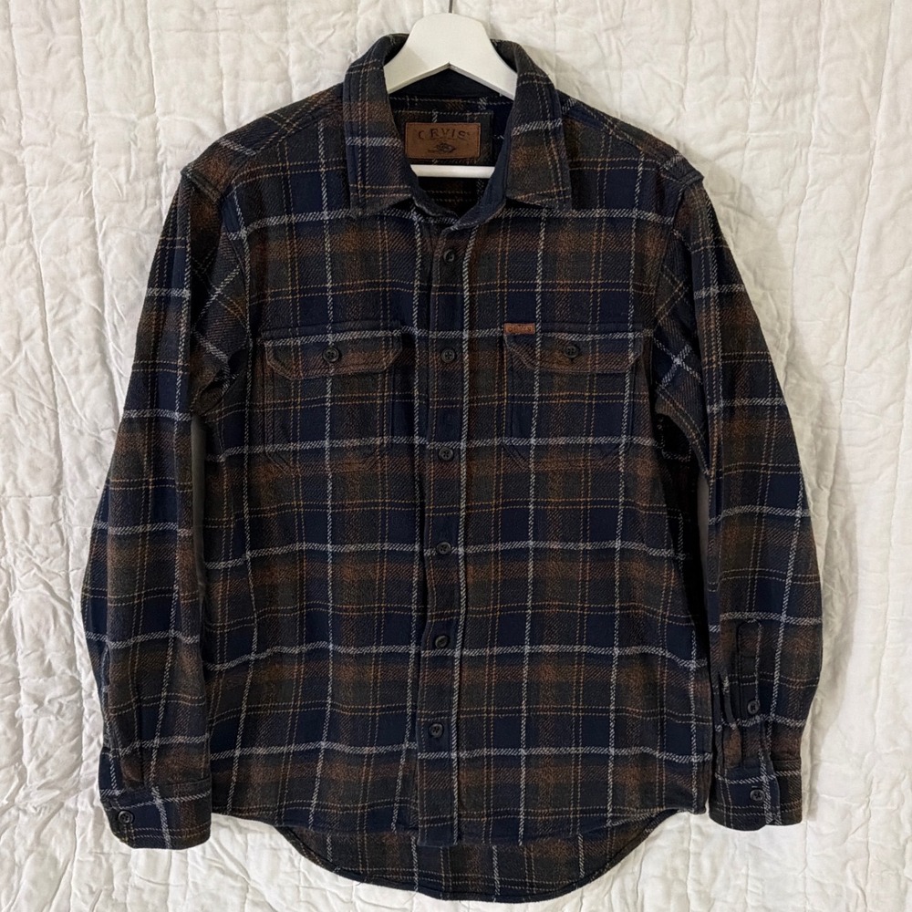 Orvis Mens Small Blue Brown Plaid Cotton Flannel Button Down Shirt 4 Pockets